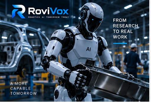 Editorial illustration of a humanoid robot working inside an advanced automotive factory.
