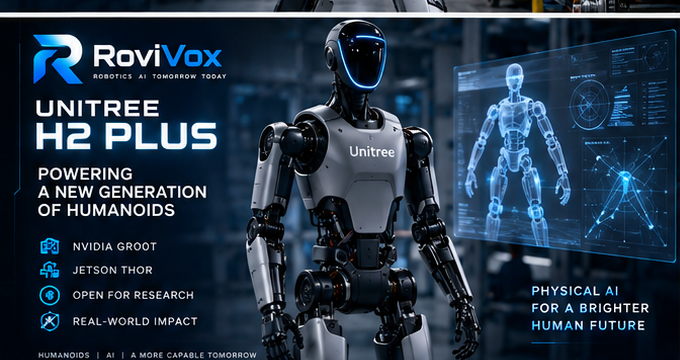 Editorial illustration of a humanoid research robot inside an advanced physical AI laboratory.