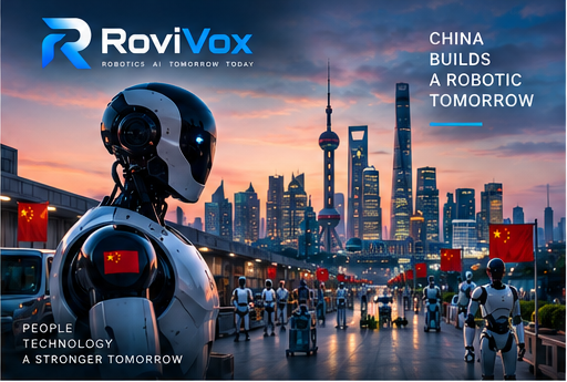 Editorial illustration of humanoid robots working alongside people inside a large Chinese smart factory.