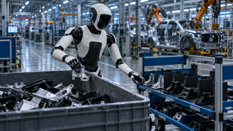 Humanoid robot sorting components for automotive factory logistics
