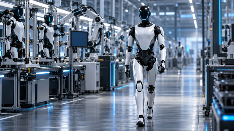 Conceptual illustration of a humanoid robot leaving a modern automated production line
