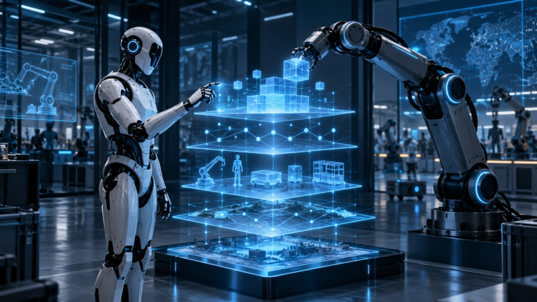 Conceptual illustration of humanoid and industrial robots using a layered Physical AI capability framework