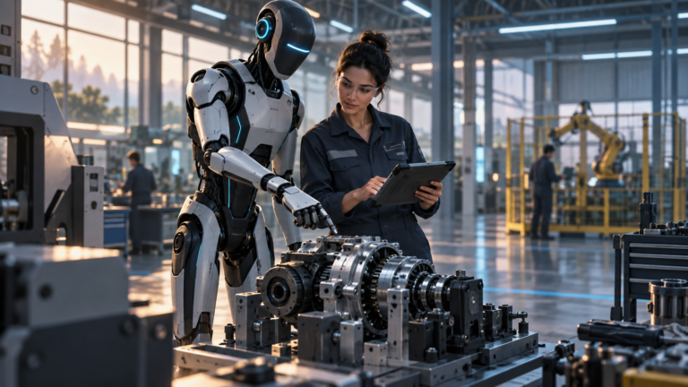 AI-generated editorial illustration of a humanoid robot and industrial technician inspecting machinery together.