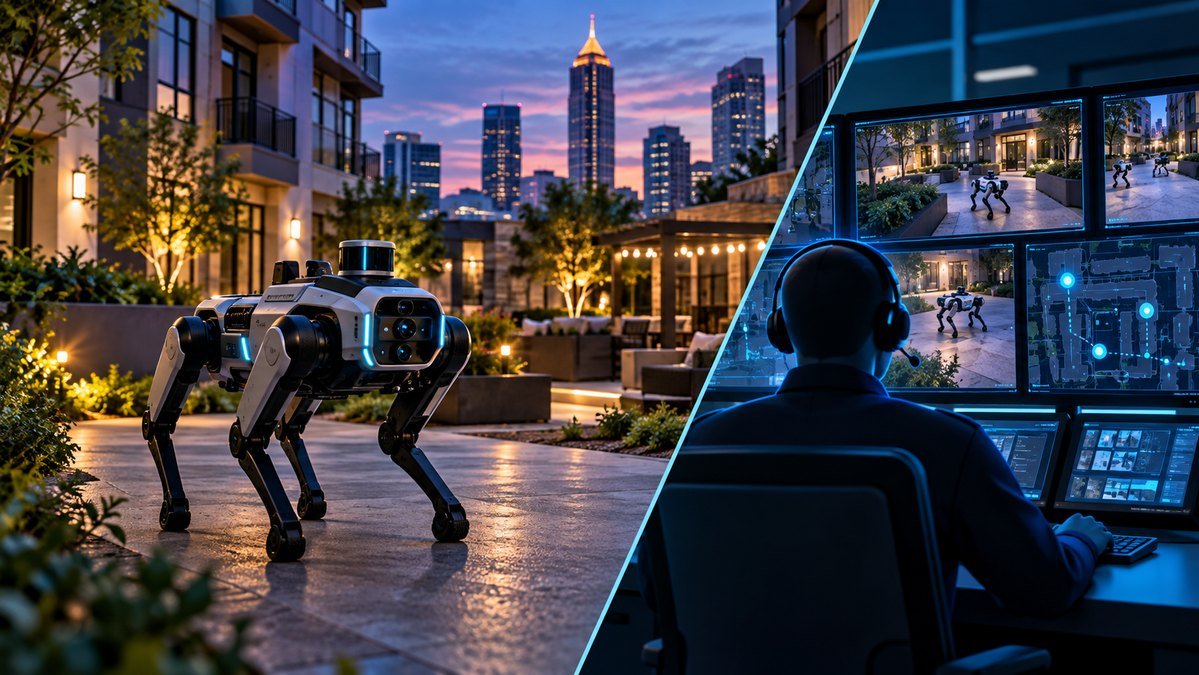 Editorial illustration of a remotely operated quadruped security robot patrolling an Atlanta apartment complex while a human monitors video feeds.
