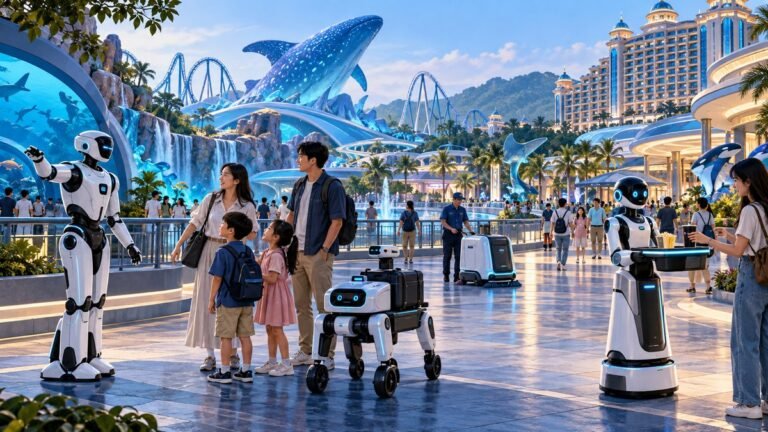 Editorial illustration of service and humanoid robots interacting with visitors at a theme park in Zhuhai, China.
