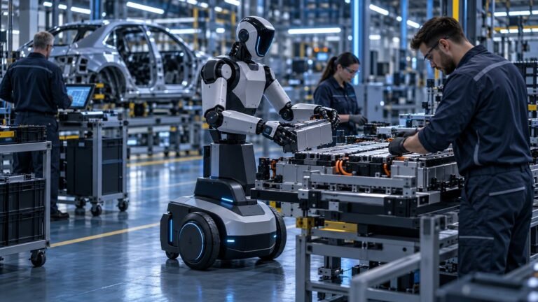 Editorial illustration of a wheeled humanoid robot assisting human workers near battery assembly equipment in an automotive factory.