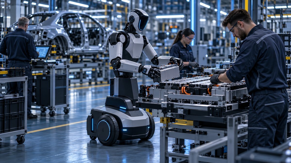 Editorial illustration of a wheeled humanoid robot assisting human workers near battery assembly equipment in an automotive factory.