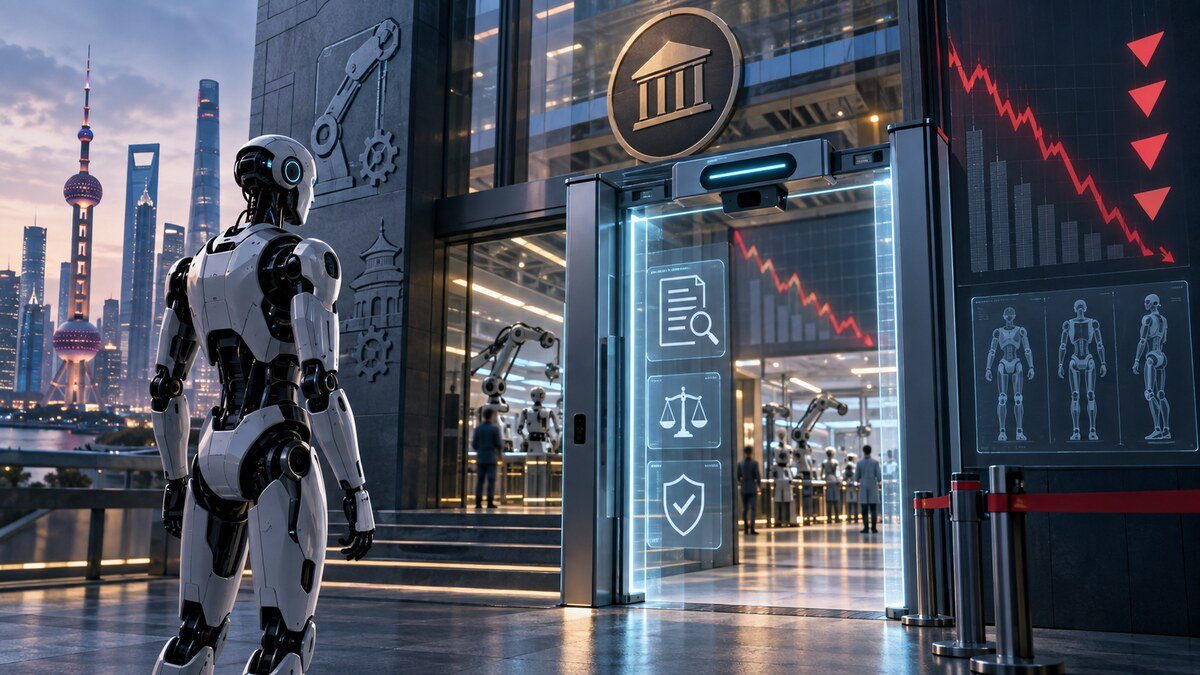 Editorial illustration of a humanoid robot facing regulatory and financial scrutiny in China.