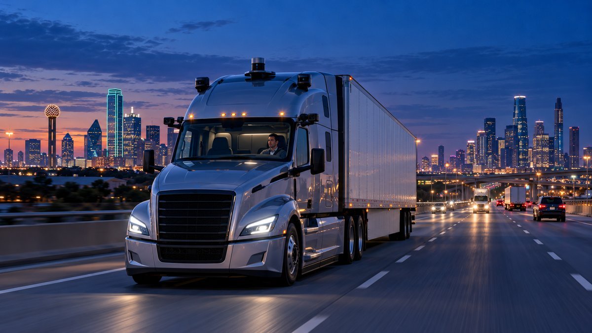 Editorial illustration of a sensor-equipped freight truck on a Texas highway with a human safety observer in the cab.