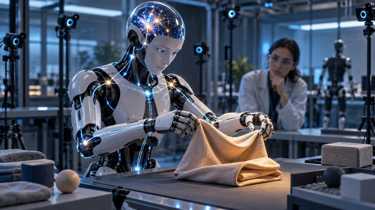 Editorial illustration of a humanoid robot learning a physical task through embodied artificial intelligence.