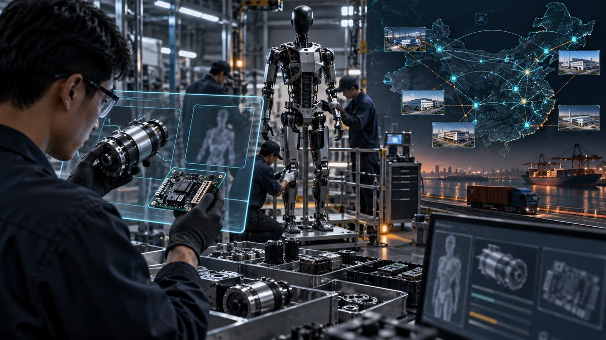 Editorial illustration of a humanoid robot supply chain and component inspection network in China.