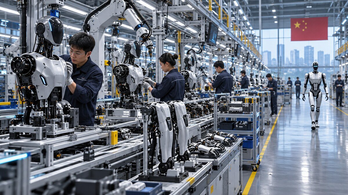 Editorial illustration of humanoid robots being assembled in a large smart factory in China.
