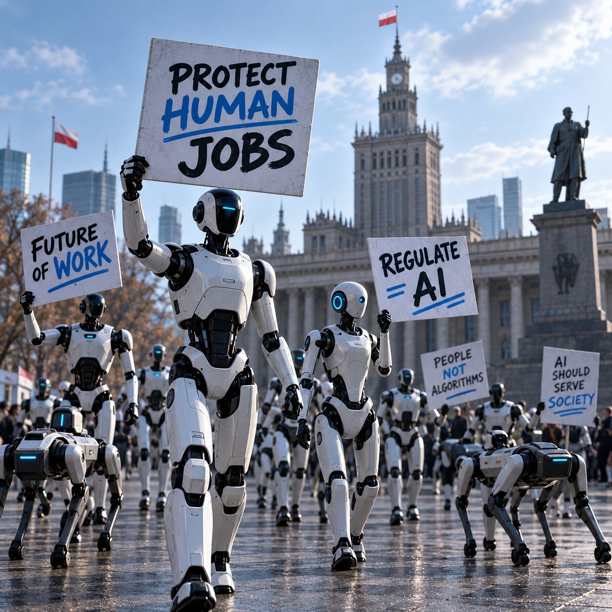 Editorial illustration of humanoid and quadruped robots demonstrating in Warsaw over AI regulation and the future of human jobs.