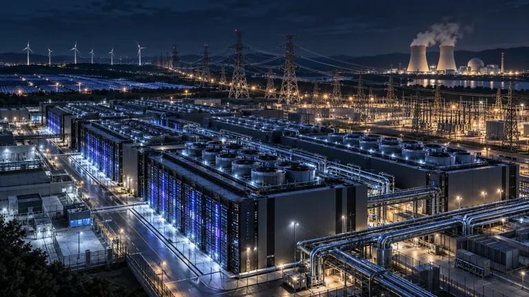 AI data center connected to large-scale electricity and energy infrastructure.