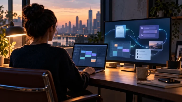 Editorial illustration of an abstract AI assistant coordinating documents, calendar, messages and tasks in a workspace.