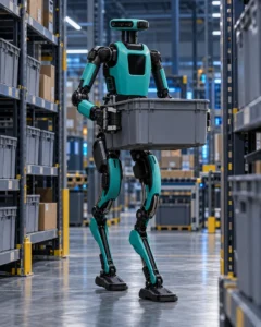 Illustration of Agility Robotics Digit 5 humanoid carrying a tote in a warehouse