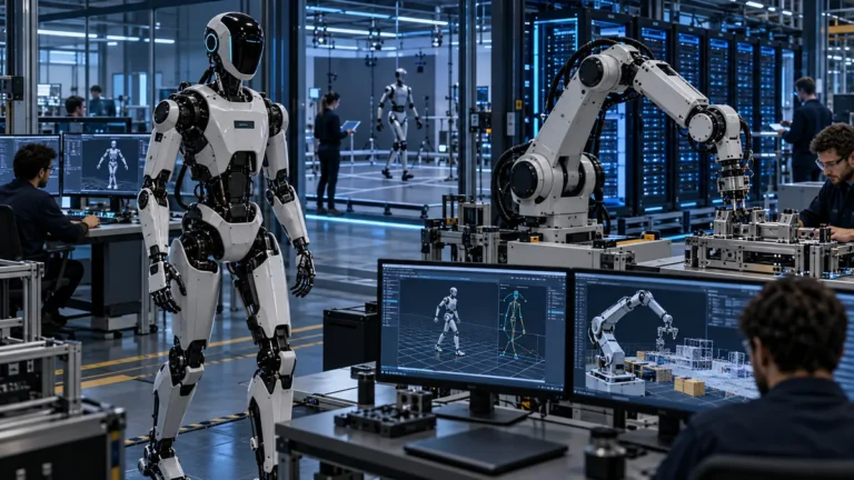 Editorial illustration of humanoid and industrial robots in a European robotics laboratory connected to AI simulation systems.
