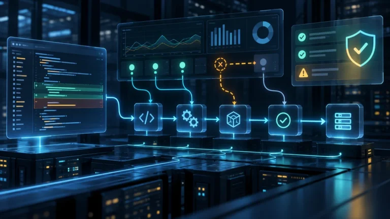 Editorial illustration of code pipelines and a distinct monitoring layer in a technical operations environment.