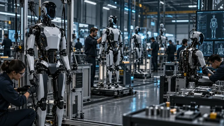 Editorial illustration of humanoid robots moving through an advanced production and quality-control line.